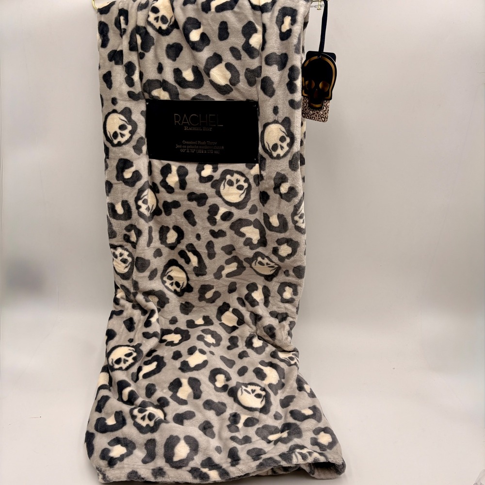 Rachel Roy Oversized Plush Throw Blanket Leopard Skull Grey Halloween NEW
